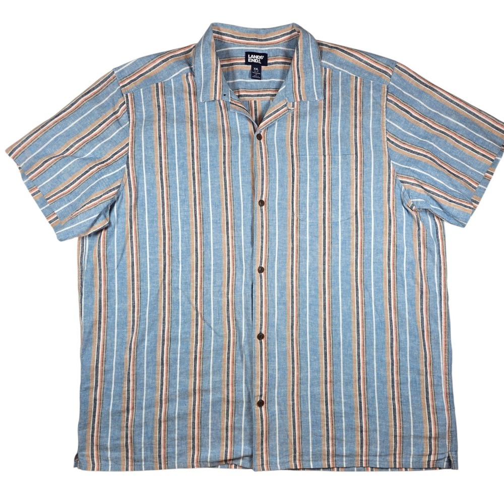 Lands End Linen Blend Blue Peach Stripe Short Sleeve Beach Camp Shirt Men's XXL